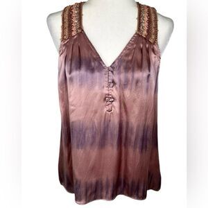 Parker Feminine Pink Watercolor Silk Button Front Crochet Dressy Tank Top